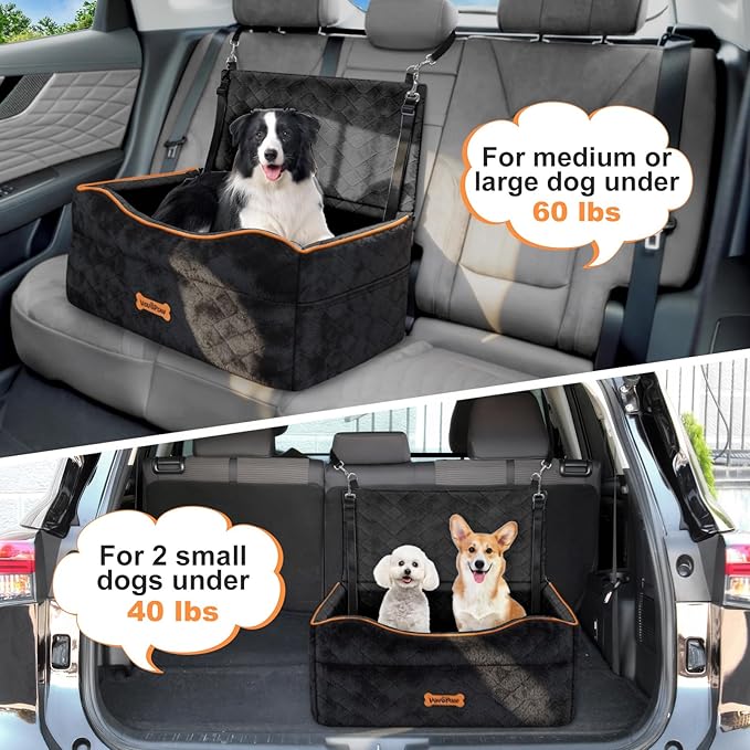 Medium Dog Car Seat, Dog Booster Seat Under 50Lbs or 2 Small Dogs Washable, Pet Car Seats with 2 Safety Leash, Dogs Sofa Bed Cushion Add Thick Sponge, Pet Cars Carrier for Travel, Black