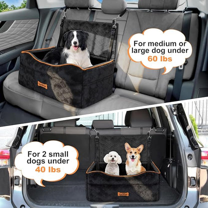 Medium Dog Car Seat, Dog Booster Seat Under 50Lbs or 2 Small Dogs Washable, Pet Car Seats with 2 Safety Leash, Dogs Sofa Bed Cushion Add Thick Sponge, Pet Cars Carrier for Travel, Black