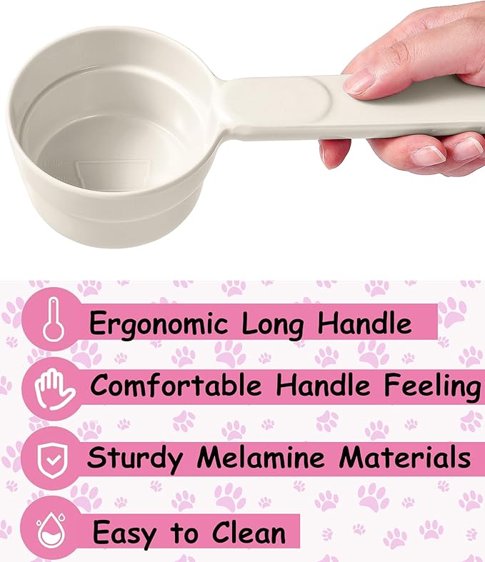 Dog Food Scoop 1 Cup 1/2 Cup - Melamine Dog Food Measuring Cup, Pet Food Scoop for Dog Cat...Comfortable Long Handle for Easy to Scoop Food, White 1 Cup