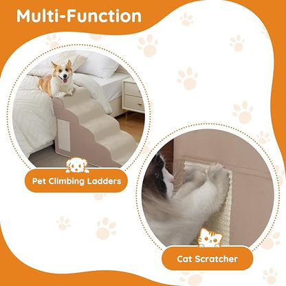 Pet Stairs, Dog Stairs for Small Dogs, Dogs Steps, 3-Step Curved Dog Ramp for Bed, Couch, Sofa, Car and Chairs, Non-Slip Bottom Design, Cat Scratching Board, High Density Foam Portable Pet Step, Beige