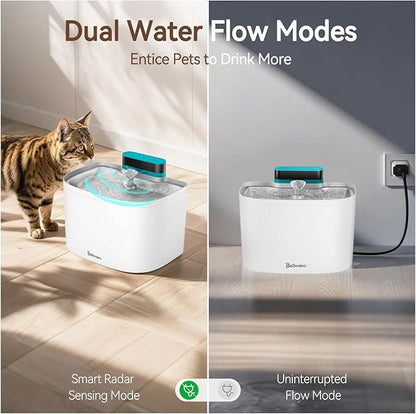 Cat Water Fountain, 122oz/3.6L Pumpless Wireless Cat Fountain, Cordless Water Fountains for Cats Indoor, Battery Operated Dog Pet Water Fountain with Stainless Steel Tray (White, Fountain+8 Fliters)