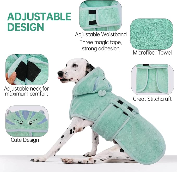 Microfibre Dog Drying Coat, Super Absorbent Towel, Magic Sticker & Belly Strap - Dog Robes for After Bath, Small to Large Sizes