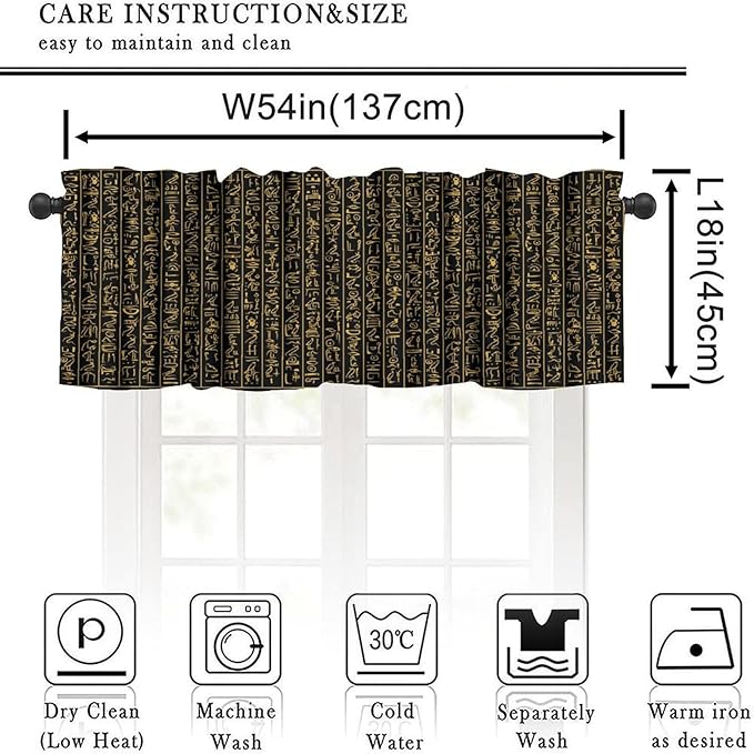 Vintage Ancient Egypt Valance Curtains, Old Egypt Golden Hieroglyphics Print African Pharaoh Theme Ethnic Religion Window Valance Curtain for Farmhouse Bedroom Living Room Kitchen 54x18inch