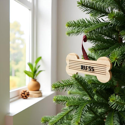 Pearhead Pet Letterboard Bone Holiday Christmas Tree Ornament, Pet Owner Christmas Keepsake, Wood with Buffalo Check Hanging Ribbon