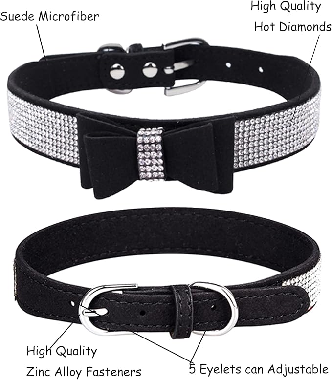 Bling Dog Collar for Small Medium Large Dogs, Crown Rhinestone Dog Collars for Girl and boy Dog, Diamond Puppy Collars, Adjustable Leather Suede SOFE Cat Collar (XS(8.2"-10.6"/21CM-27CM), Black3)