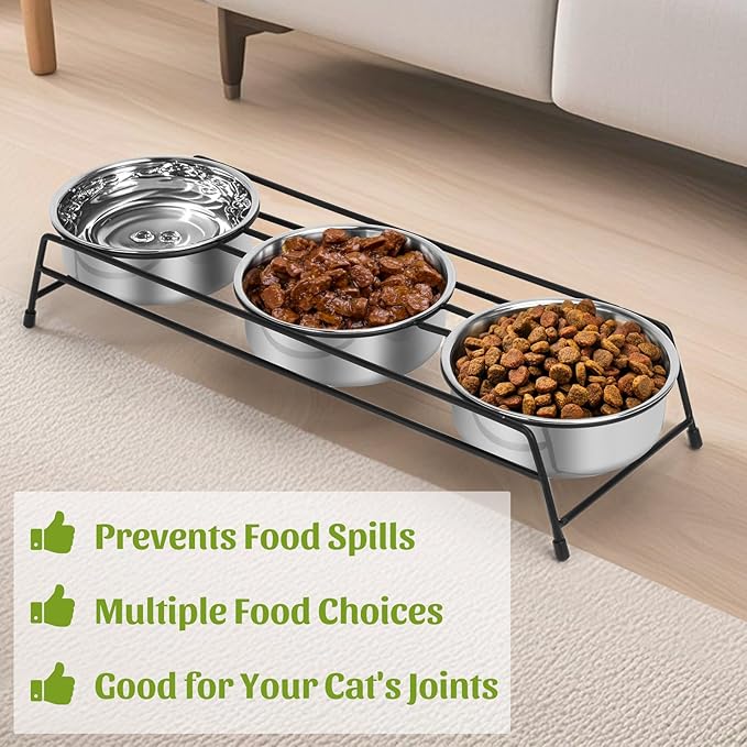 Raised Cat Bowls Triple Dog Cat Feeder Holders 3 Stainless Steel Elevated Pet Water Food Bowl for Cats Puppies Rabbits (3 Bowls)