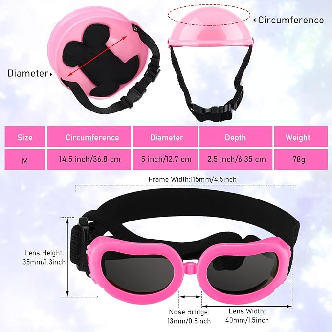 Frienda Dog Helmet and Goggles, UV Protection Doggy Sunglasses and 4 Inch Padded Puppy Motorcycle Helmet Adorable Dog Goggles with Adjustable Belt for Small Dogs Puppy Riding(Pink,M)