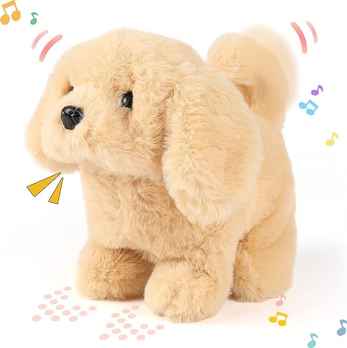 Hopearl Walking Dog Golden Retriever Interactive Electronic Pet Plush Toy Puppy Woof and Moving Animated Nodding Head Gifts for Toddlers Birthday, Brown, 7''
