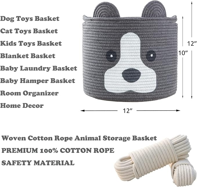 Medium Dog Woven Baskets with Handle, Dog Toy Hamper, Cotton Rope Dog Toy Storage Baskets for Pet, Animal Basket for Kids, Baby Gift Baskets for Dog Lovers, Dark Grey