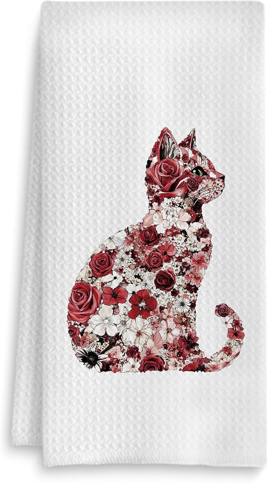 Rose Floral Cat Kitchen Towel, Floral Cat Hand Towel for Bathroom Decor, Kitten Dish Tea Towel for Kitchen Decor, Pet Gifts for Kitten Lovers Women Girls, 16x24 Inch