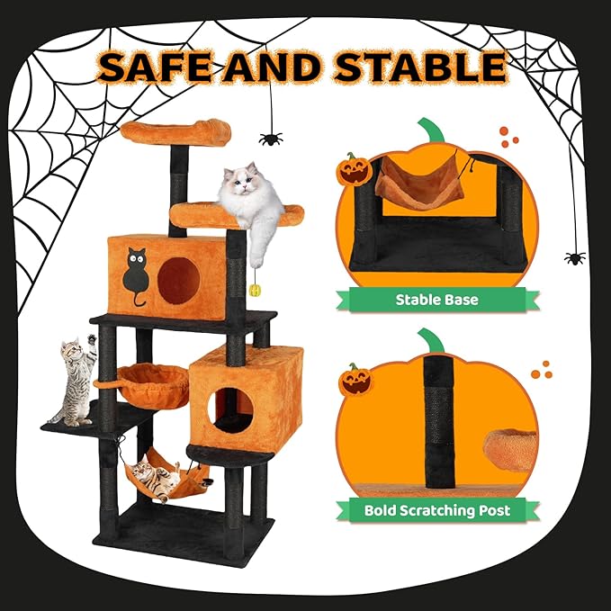 VINGLI 61.1in Halloween Cat Tree, Large Cat Tower with 2 Cat Condos, 2 Padded Perches, 2 Hammocks, Scratching Posts & Hanging Toy, Black & Orange Multi-Level Cat Furniture for Large Cats