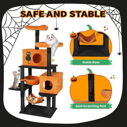 VINGLI 61.1in Halloween Cat Tree, Large Cat Tower with 2 Cat Condos, 2 Padded Perches, 2 Hammocks, Scratching Posts & Hanging Toy, Black & Orange Multi-Level Cat Furniture for Large Cats