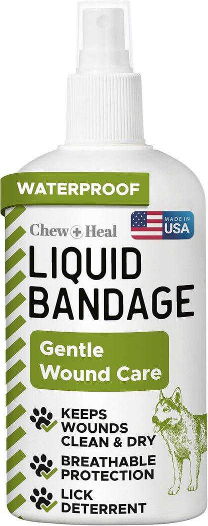 Chew + Heal Labs Pet Liquid Bandage for Dogs - 8 oz Spray with Aloe - Wound Care for Dogs Including Cuts, Scrapes, and Stitches - Breathable and Waterproof