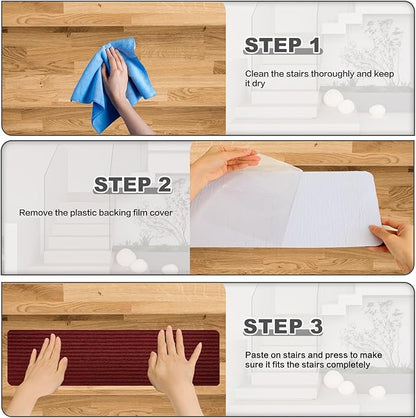 Stair Treads for Wooden Steps - Non Slip Stairs Carpet Tape Peel and Stick with Double Adhesive Tape Set of 15 Stripe- Dark red