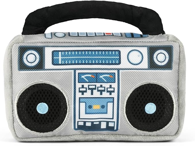 P.L.A.Y. Cute Plush Dog Toys - 1980s Classics Themed Durable Squeaker 2-in-1 Chew Toy, Great for Puppies & Small, Medium, Large Dogs - Machine Washable, Recycled Materials (Boop Box Boombox & Casette)