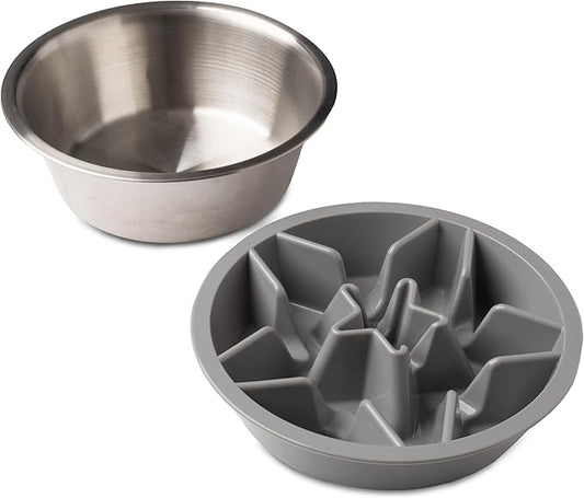 Leash Boss 2-Pack Slow Feeder Dog Bowls - 2 Cup, Puzzle Dog Food Bowl with Stainless Steal Bowl, Fits into Elevated Pet Feeders, Slow Eating for Large, Medium & Small Sized Breeds, White