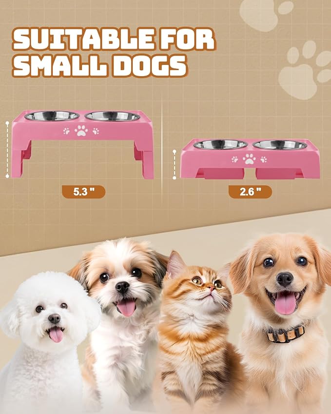 Elevated Dog Bowls for Small Dogs and Cats, Dog Feeder with 2 Thick 5.5" Stainless Steel Dishes, Non-Slip 2 Heights Adjustable to 2.6"-5.3"