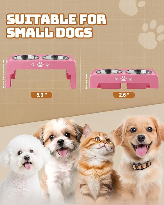 Elevated Dog Bowls for Small Dogs and Cats, Dog Feeder with 2 Thick 5.5" Stainless Steel Dishes, Non-Slip 2 Heights Adjustable to 2.6"-5.3"
