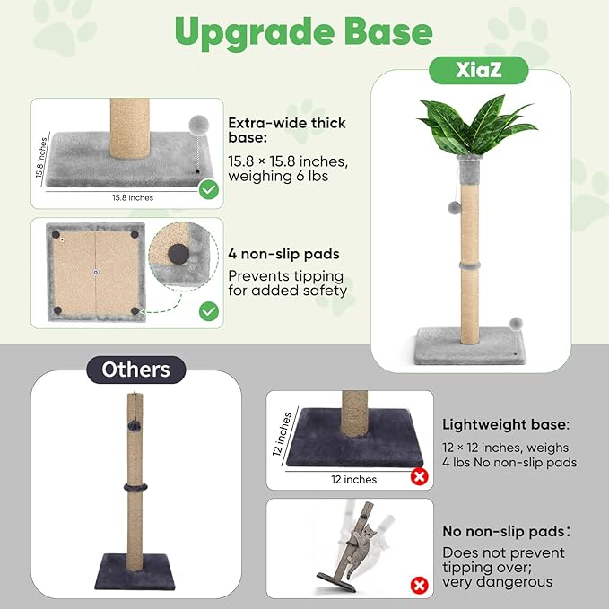 XiaZ Cat Scratching Post 34'' Tall, Heavy Duty Cat Tree Tower for Indoor Kitty with Extra Wide 15.8" Stable Base and 2 Toy Balls, Natural Sisal & Plush Fabric for Small, Medium Cats(Light Gray, 2.8in)