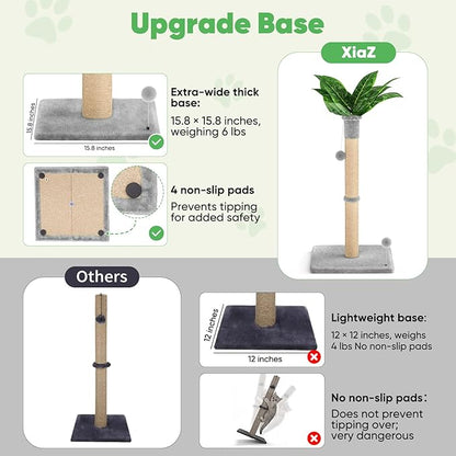 XiaZ Cat Scratching Post 34'' Tall, Heavy Duty Cat Tree Tower for Indoor Kitty with Extra Wide 15.8" Stable Base and 2 Toy Balls, Natural Sisal & Plush Fabric for Small, Medium Cats(Light Gray, 2.8in)