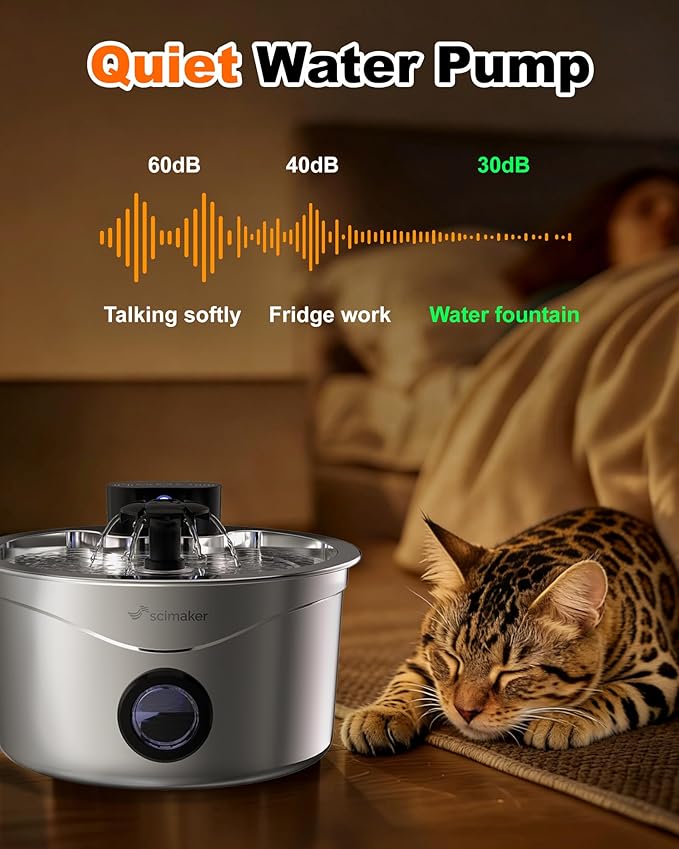 Wireless Cat Water Fountain Stainless Steel, 88fl.oz/2.6L Pet Water Dispenser Long-Lasting 4000mAh Battery with 7 Filters & 3 Sponges for Cats Dogs Indoor