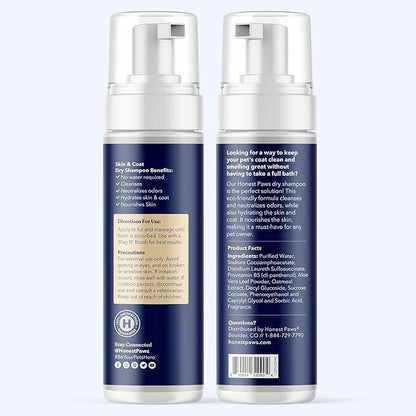 Honest Paws Dog Dry Shampoo - Waterless No Rinse Foaming Formula Reducing Itch Cleanse Hydrate Nourish Dry Skin and Smelly Coat Help Decrease Odor Shedding and Allergies - Oatmeal & Lavender - 6.3 oz