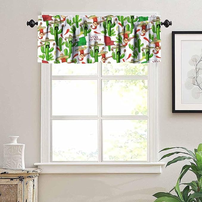 Mexican Style Valances Curtain for Kitchen, Funny Peppers Cactus Playing Maracas Guitar Pattern Window Treatment Valances Short Curtains Rod Pocket Drape for Dining Room Home Decor, 54x18inch