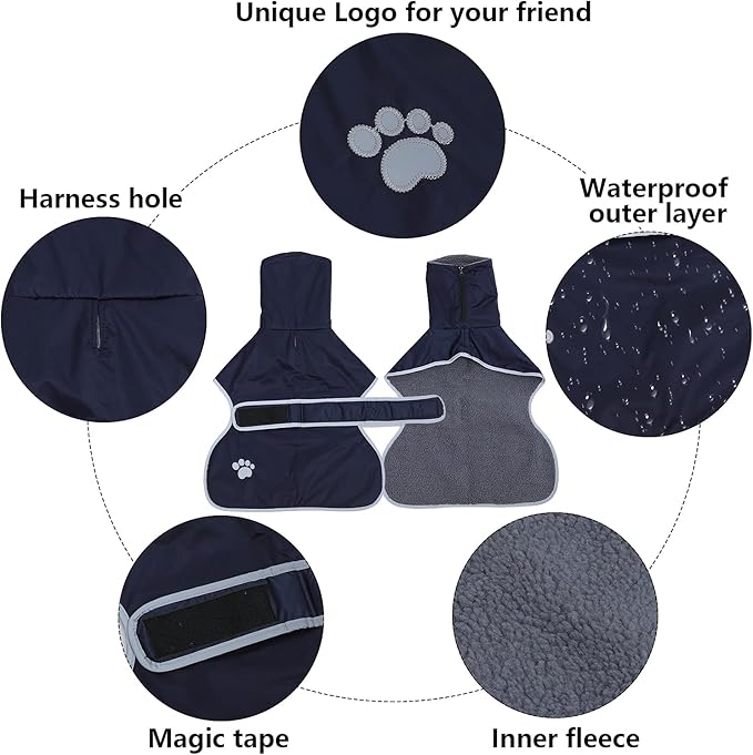 Geyecete Dog Winter Coat Greyhound Raincoat Fabric with Lamb Velvet Inside Outdoor Dog Apparel with Adjustable Bands for Medium, Large Dog-Navy-S