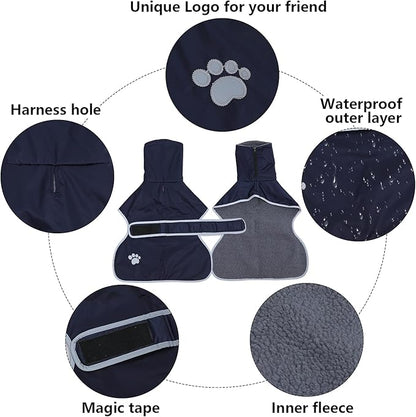 Geyecete Dog Winter Coat Greyhound Raincoat Fabric with Lamb Velvet Inside Outdoor Dog Apparel with Adjustable Bands for Medium, Large Dog-Navy-XXL
