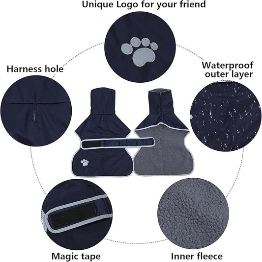 Geyecete Dog Winter Coat Greyhound Raincoat Fabric with Lamb Velvet Inside Outdoor Dog Apparel with Adjustable Bands for Medium, Large Dog-Navy-L
