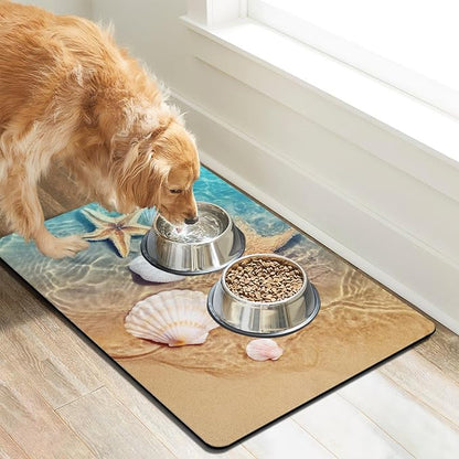 Dog Food Mats for Floors Absorbent, Cat Food Mat - Pet Cat Feeding Mat Quick Dry, Dog Bowl Mats for Water, Pet Supplies Feeding Placemat 16" x 24" Beach