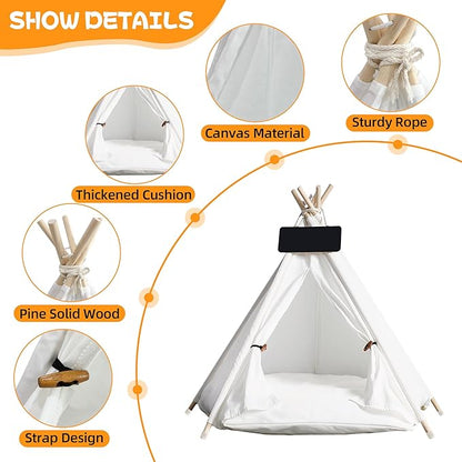 Pet Tent/Tipi for Cats & Dogs - Washable Canvas, Foldable Pet Teepee with Anti-Slip Base & Detachable Cushion | Indoor/Outdoor Safe Shelter for Pets Up to 66lbs-White-M