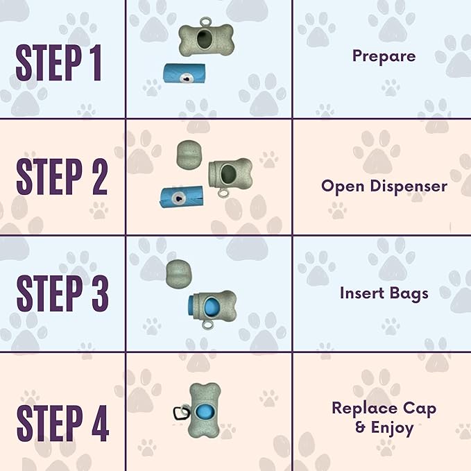 Complete Earth-Conscious Dog Waste Kit: Wheat Straw Waste Bag Dispenser with one corn starch 15-bag waste bag roll, Carabiner, Elastic Band for Secure Leash Attachment, Leak-Proof (Pink)