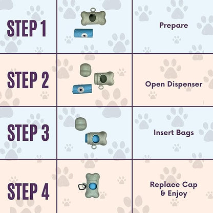 Complete Earth-Conscious Dog Waste Kit: Wheat Straw Waste Bag Dispenser with one corn starch 15-bag waste bag roll, Carabiner, Elastic Band for Secure Leash Attachment, Leak-Proof (Blue)