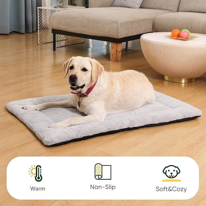 Dog Crate Bed Washable, Plush Anti-Slip Kennel Pad with Soft Flat Cushioning, Home Crate Use, Travel, and Training in Metal or Plastic Dog Cages, 24 x 18 Inch, Grey