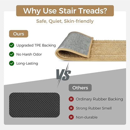 Non Slip Microfiber Stair Treads for Wooden Steps, 15PCS 8"x30" Indoor Safety Carpet, 3D Cut & Loop Tufted Edging Mats with TPE Adhesive Backing, Pet & Elderly Friendly Stair Rugs (Tan Border)