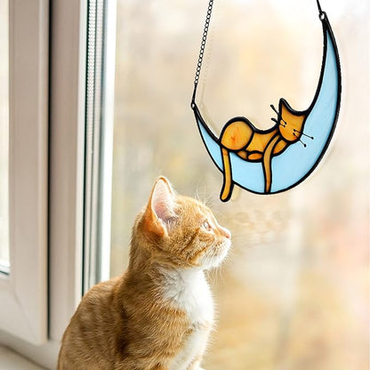 BOXCASA Orange Cat Suncatchers Handcrafted Stained Glass Window Hanging - Moon Phase Memorial Gifts for Cat Lovers,Birthday,Christmas Day, for Women,Mom