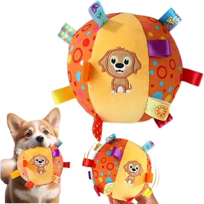 TRAVEYO Colorful Dog Balls Toy, Soft Plush Ball with Ribbon Streamers, Built-in Bell, Bite Resistant Chew Dog Toy Balls