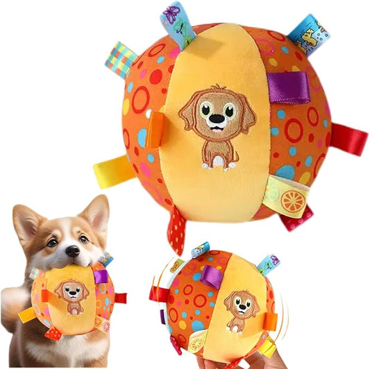TRAVEYO Colorful Dog Balls Toy, Soft Plush Ball with Ribbon Streamers, Built-in Bell, Bite Resistant Chew Dog Toy Balls
