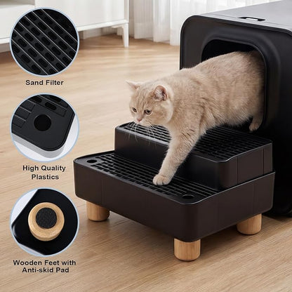 Adjustable 2 Steps Litter Box Ramp, Cat Litter Catcher Mat with Wooden Feet, Filter Function, Litter Box Step for Small & Elderly Cats, Fits Automatic Litter Boxes (Black)