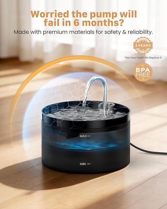 Cat Water Fountain Pet Fountain: 67oz/2L Cat Water Dispenser - Black Pet Dispenser - Faucet Dog Bowl - with 6 Filters + 3 Sponges - GIOTOHUN