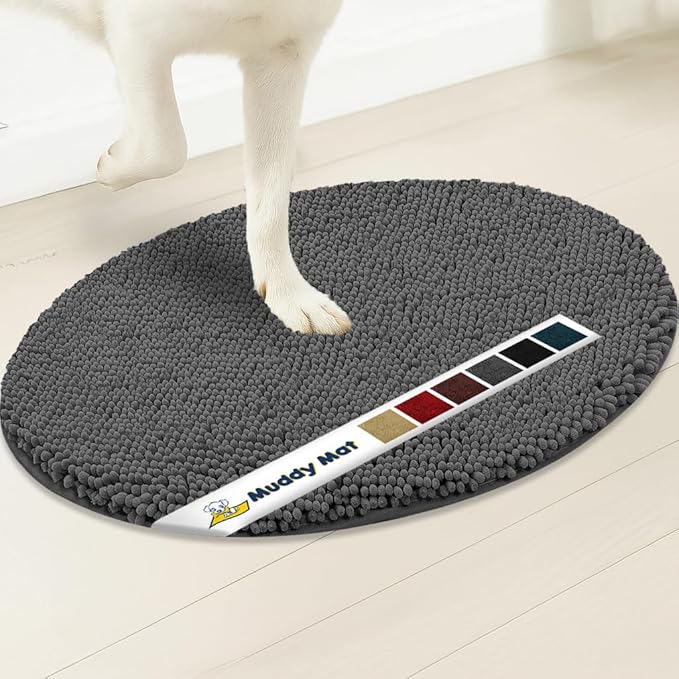 Muddy Mat® Shown on TV – Super Absorbent Microfiber Dog Door Mat for Muddy Paws, Non-Slip Washable Pet Rug, Quick Dry Chenille Entryway Carpet, Machine Washable Indoor Outdoor Mat, Grey Oval 6ft x 9ft