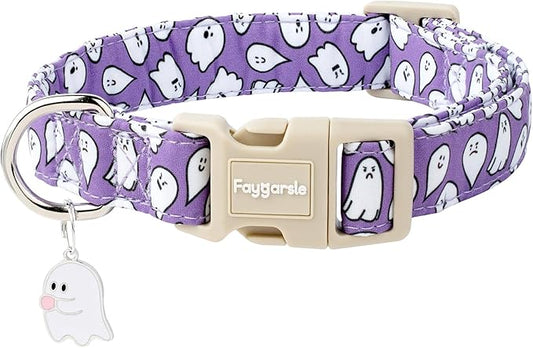 Faygarsle Halloween Dog Collar with Charm, Purple with Ghost Pattern, for Small Medium Large Dogs S