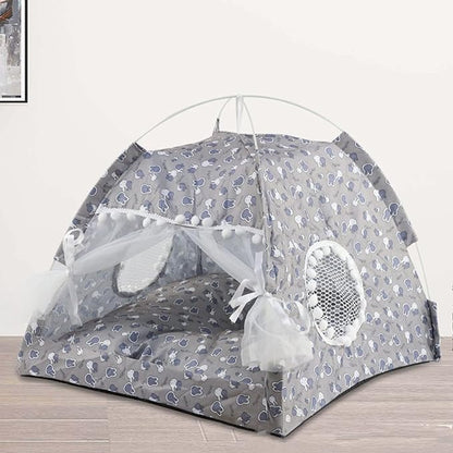 Indoor Pet Tent with Mesh Door Window, Cat & Dog Tent House, Washable Soft Warm & Non-Slip, All Seasons (Gray)