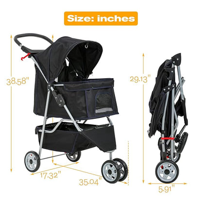 HCY Folding Dog Stroller, 3 Wheels Pet Strollers Pet Gear for Small Medium Cats Dogs Puppy with Storage Basket, Cup Holder,Lightweight-Black, 35x17x38 Inch