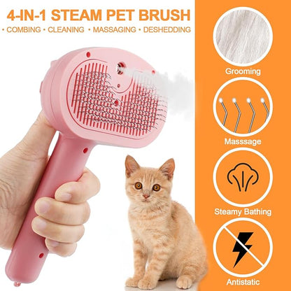 Pet Steam Brush for Dogs, 4 in 1 Cat Steam Brush for Long Short Haired, Self Cleaning Brush for Shedding, Metal Pet Misting Hair Comb with Handle for Grooming Kitten Dog(Pink)
