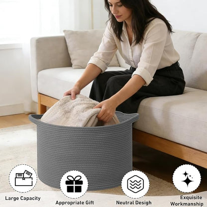90L Large Blanket Basket,21.7"L x 21.7"W x 13.8"H Rope Woven Baskets with Handles, Toys Storage Bins,Laundry Basket Perfect for Living Room, Nursery,Bedroom,Home Organization,Dark Gry