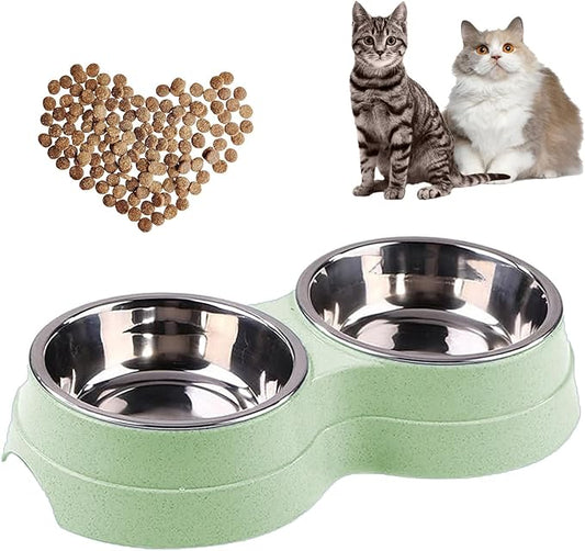 Double Cat Food Bowl -Stainless Steel Bowls with Easy-to-Clean Detachable Design, Non-Slip Base, Pet Feeder for Kittens and Medium Cats (Green)
