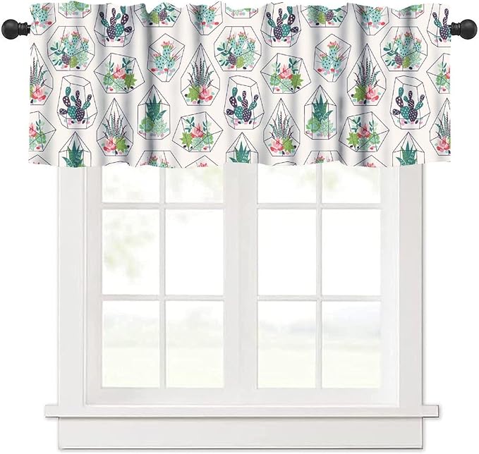 Bohemian Plants Window Valance Curtains, Green Houseplant Succulents Cactuses Boho Tropical Indoor Plant Potted Flower Valance Curtain for Farmhouse Bedroom Living Room Kitchen 54x18inch