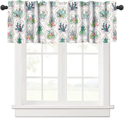 Bohemian Plants Window Valance Curtains, Green Houseplant Succulents Cactuses Boho Tropical Indoor Plant Potted Flower Valance Curtain for Farmhouse Bedroom Living Room Kitchen 54x18inch